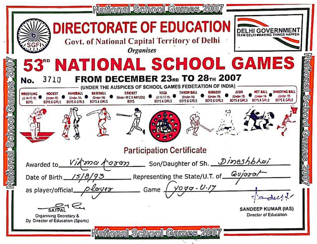 Karan Vikama Yoga Certificate